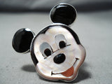 Native American Exceptional Zuni Inlay Coral Jet Mother Of Pearl Sterling Silver Mickey Ring-Nativo Arts