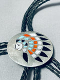 Detailed Chief Vintage Native American Zuni Turquoise Coral Sterling Silver Bolo Tie-Nativo Arts