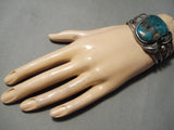 Rare Vintage Native American Navajo Smokey Bisbee Turquoise Sterling Silver Leaf Bracelet-Nativo Arts