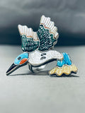 Superb Native American Zuni Signed Textured Inlay Turquoise Jet Sterling Silver Bird Ring-Nativo Arts