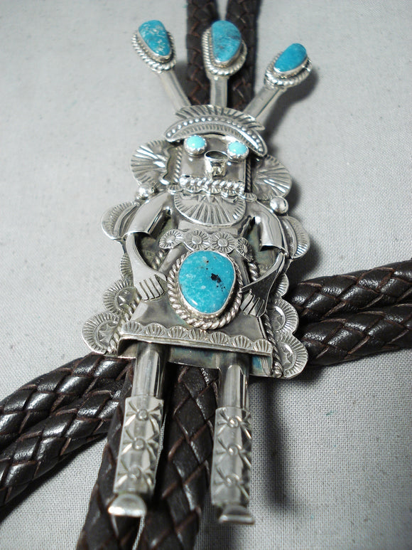 Towering Longer Vintage Native American Navajo Hale Turquoise Kachina Sterling Silver Bolo Tie-Nativo Arts