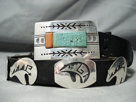 Famous Artist Vintage Native American Navajo Green Turquoise Coral Sterling Silver Concho Belt-Nativo Arts