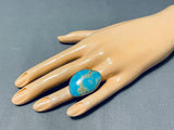 Tremendous Native American Navajo Kingman Turquoise Sterling Silver Ring Signed-Nativo Arts