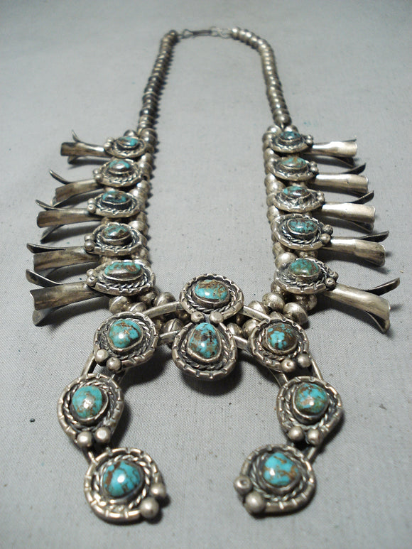 Women's Vntage Native American Navajo Bisbee Turquoise Sterling Silver Squash Blossom Necklace-Nativo Arts