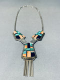 Yazzie Vintage Native American Navajo Inlay Green Turquoise Sterling Silver Necklace-Nativo Arts