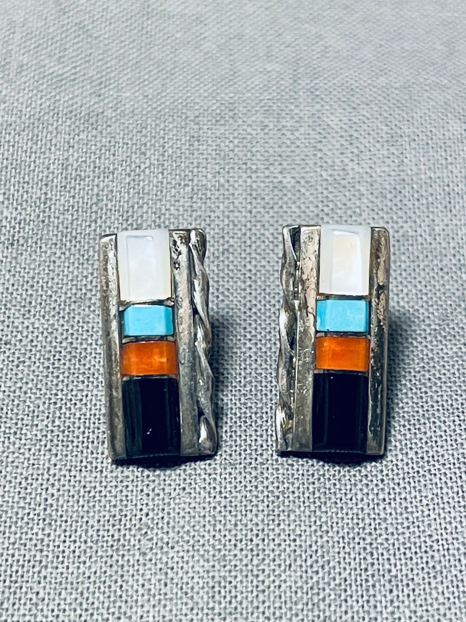 Zuni Sterling Turquoise coral inlaid signed earrings! 2024 Pretty!