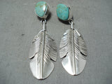 Remarkable Native American Navajo Royston Turquoise Sterling Silver Feather Earrings-Nativo Arts
