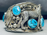 Symbolic Howling Coyote Vintage Native American Navajo Turquoise Sterling Silver Bracelet-Nativo Arts