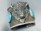 Massive 135 Gram Buffalo Head Native American Navajo Turquoise Sterling Silver Bracelet-Nativo Arts