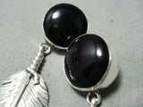 Expert Detail Native American Navajo Sterling Silver Black Stone Feather Earrings-Nativo Arts