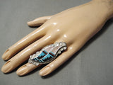 Amazing Hand Carved Zuni Native American Turquoise Sterling Silver Coral Ring-Nativo Arts