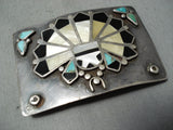 Heavy Detailed Vintage Native American Zuni Turquoise Sterling Silver Inlay Buckle Old-Nativo Arts