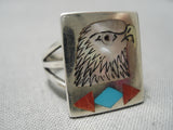 Exceptional Zuni Native American Turquoise Bird Coral Sterling Silver Ring-Nativo Arts