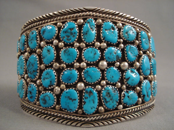 55 Old Kingman Turquoise Stones! Vintage Navajo Sterling Native American Jewelry Silver Bracelet Old-Nativo Arts
