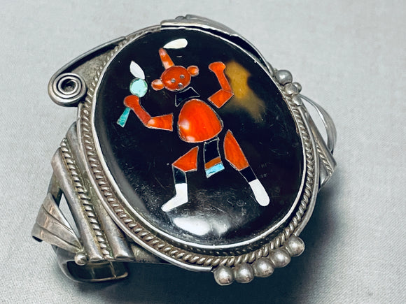 Very Old Rare Vintage Native American Zuni Coral Dancer Sterling Silver Bracelet-Nativo Arts