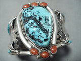 Very Rare Side Inlay Vintage Native American Navajo Turquoise Coral Sterling Silver Bracelet-Nativo Arts