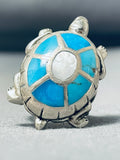Outstanding Vintage Native American Navajo Kingman Turquoise & Mop Sterling Silver Tiurtle Ring-Nativo Arts