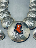 Chunky Coral Native American Navajo Sterling Silver Button Stamped Necklace Earrings-Nativo Arts