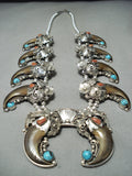 Authentic Bear Signed Native American Navajo Turquoise Sterling Silver Squash Blossom Necklace-Nativo Arts
