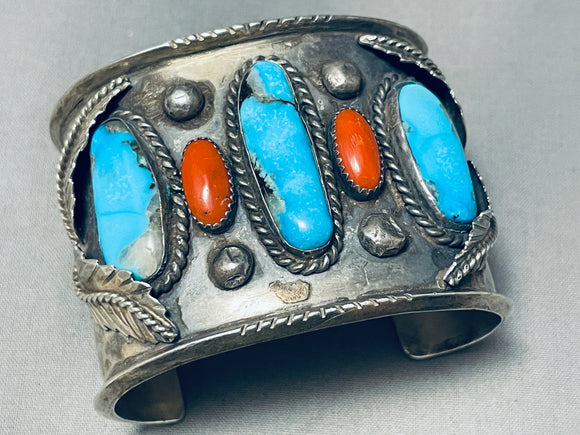 Leo Burnside 1970s Vintage Native American Navajo Turquoise Coral Sterling Silver Bracelet-Nativo Arts