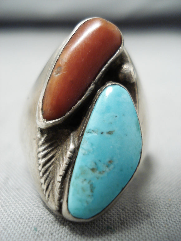 Remarkable Vintage Native American Navajo Blue Gem Turquoise & Coral Sterling Silver Ring-Nativo Arts