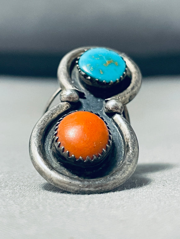 Amazing Vintage Native American Navajo Blue Gem Turquoise & Coral Sterling Silver Ring-Nativo Arts