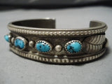 Impressive Vintage Native American Navajo Raised Border Turquoise Sterling Silver Bracelet Cuff-Nativo Arts