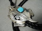 Important Native American Navajo Horny Toad Sterling Silver Turquoise Bolo Tie-Nativo Arts