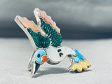 Superb Native American Zuni Signed Textured Inlay Turquoise Jet Sterling Silver Bird Ring-Nativo Arts