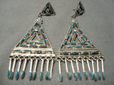 Intricate Vintage Zuni Native American Sterling Silver Turquoise Needle Earrings-Nativo Arts