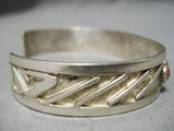 Detailed Vintage Native American Navajo Coral Sterling Silver Geometric Bracelet Old-Nativo Arts
