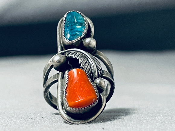 Towering Vintage Native American Navajo Turquoise Coral Sterling Silver Ring Old-Nativo Arts