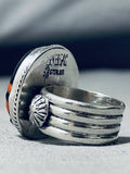 Native American Important Ben Begaye (d.) Coral Ladybug Sterling Silver Ring-Nativo Arts