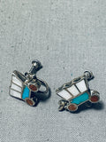 Old Covered Wagon Vintage Native American Zuni Turquoise Sterling Silver Inlay Earrings-Nativo Arts
