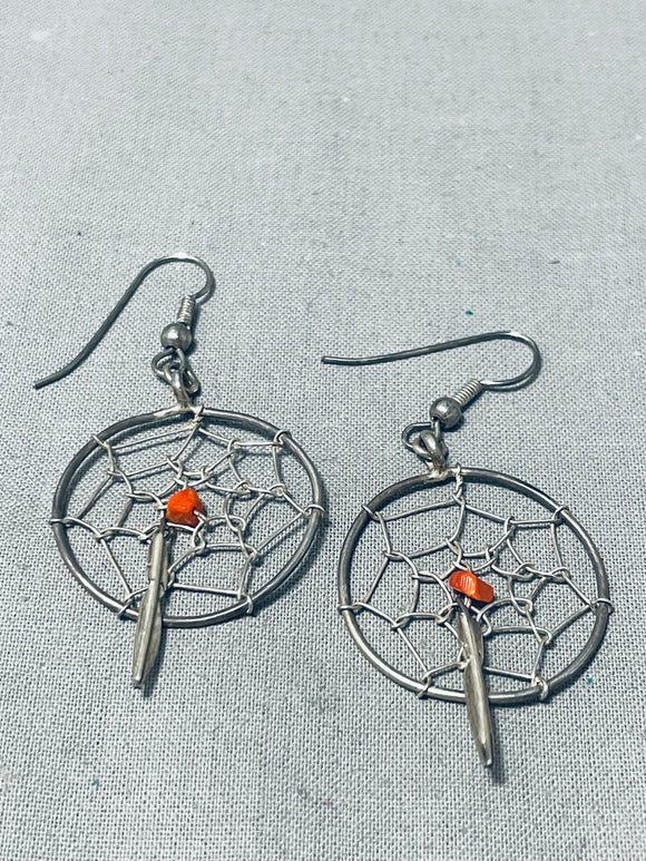 Sweet Vintage Native American Navajo Coral Sterling Silver Dreamcatcher Earrings-Nativo Arts