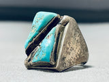 Unique Vintage Native American Navajo 2 Large Morenci Turquoise Sterling Silver Ring-Nativo Arts