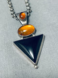 Brilliant Native American Navajo Black Onyx Triangle Amber Sterling Silver Necklace-Nativo Arts