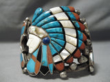Biggest Best Vintage Native American Navajo Zuni Chief Turquoise Inlay Sterling Silver Bracelet-Nativo Arts