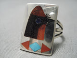 Detailed Zuni Native American Red Bird Sterling Silver Turquoise Coral Ring-Nativo Arts