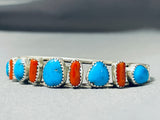 Marvelous Native American Navajo Old Kingman Turquoise Coral Sterling Silver Bracelet-Nativo Arts