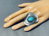 Signed Native American Navajo Old Kingman Turquoise Sterling Silver Cowboy Hat Ring-Nativo Arts
