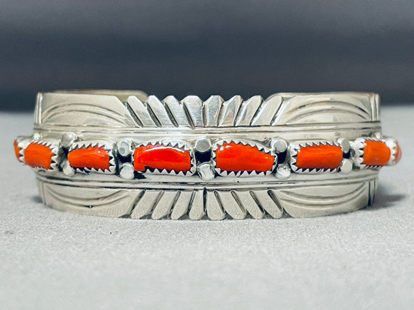 Fabulous Vintage Native American Navajo Coral Sterling Silver Bracelet Signed Brenda Barbone-Nativo Arts