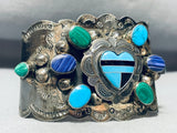 Native American Huge Vintage Navajo Turquoise Heart Sterling Silver Wide Bracelet Old-Nativo Arts