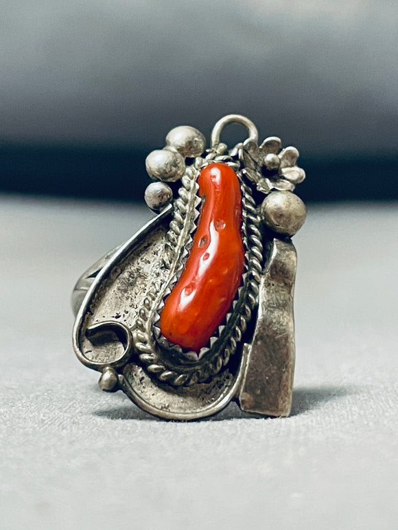 Spectacular Native American Navajo Coral Sterling Silver Deluxe Ring-Nativo Arts
