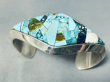 Thick And Heavy Native American Navajo Turquoise Inlay Sterling Silver Bracelet-Nativo Arts