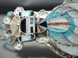 Incredible Native American Zuni Textured Inlay Turquoise Coral Kachina Sterling Silver Bracelet-Nativo Arts
