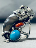 One Of The Biggest Native American Navajo Bear Turquoise Coral Sterling Silver Ring-Nativo Arts