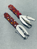 Native American Intricate Hand Woven Beads Southwestern Red Sterling Silver Earrings-Nativo Arts
