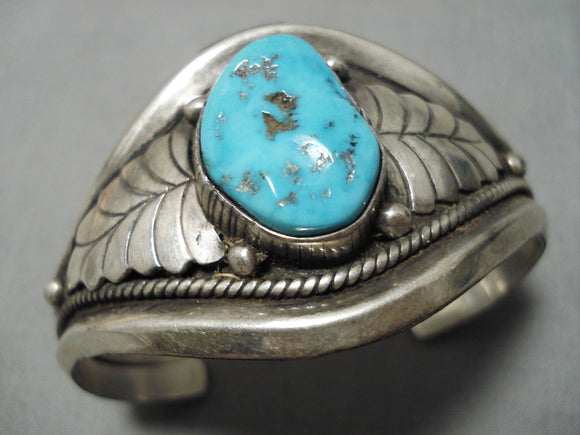 Superlative Vintage Native American Navajo Sleeping Turquoise Sterling Silver Leaf Bracelet Old-Nativo Arts