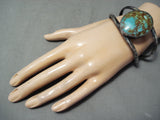 Huge Domed Royston Turquoise Vintage Native American Navajo Sterling Silver Bracelet Old-Nativo Arts